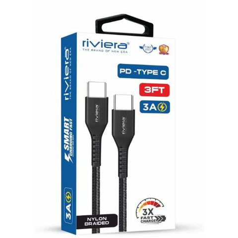 Wholesale-Riviera PDPRIV3-BRAD 3FT Fast Charging Cable [Type C - Type C (PD)] Nylon Braided - Black-Charging Cable-Electro Vision Inc