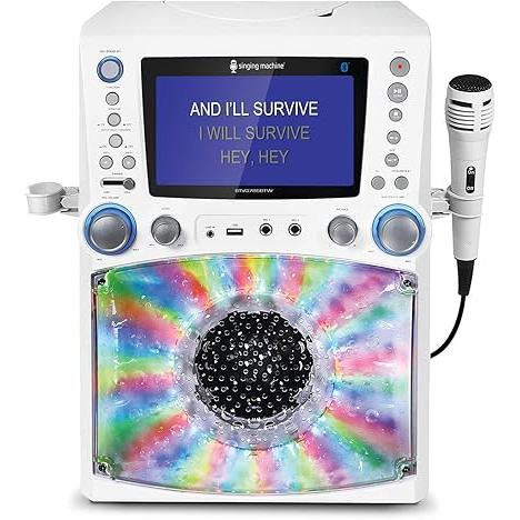 Wholesale-Singing Machine STVG785 Bluetooth Karaoke Machine with LCD Lyrics Monitor and Disco Lights, White-Electro Vision Inc