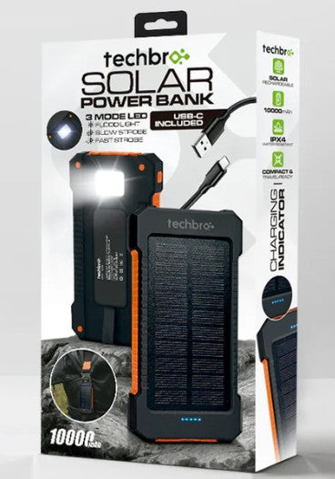 Wholesale-Techbro PTB1010 Solar Power Bank 10,000 mAh with USB-C Cable Included-Power Bank-Electro Vision Inc