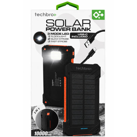 Wholesale-Techbro PTB1010 Solar Power Bank 10,000 mAh with USB-C Cable Included-Power Bank-Electro Vision Inc