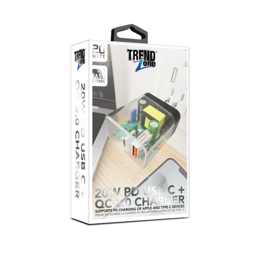 Wholesale-Trend Zone TZ1562 20W PD Transparent Home Charger (USB A + USB C)-Charger-Electro Vision Inc