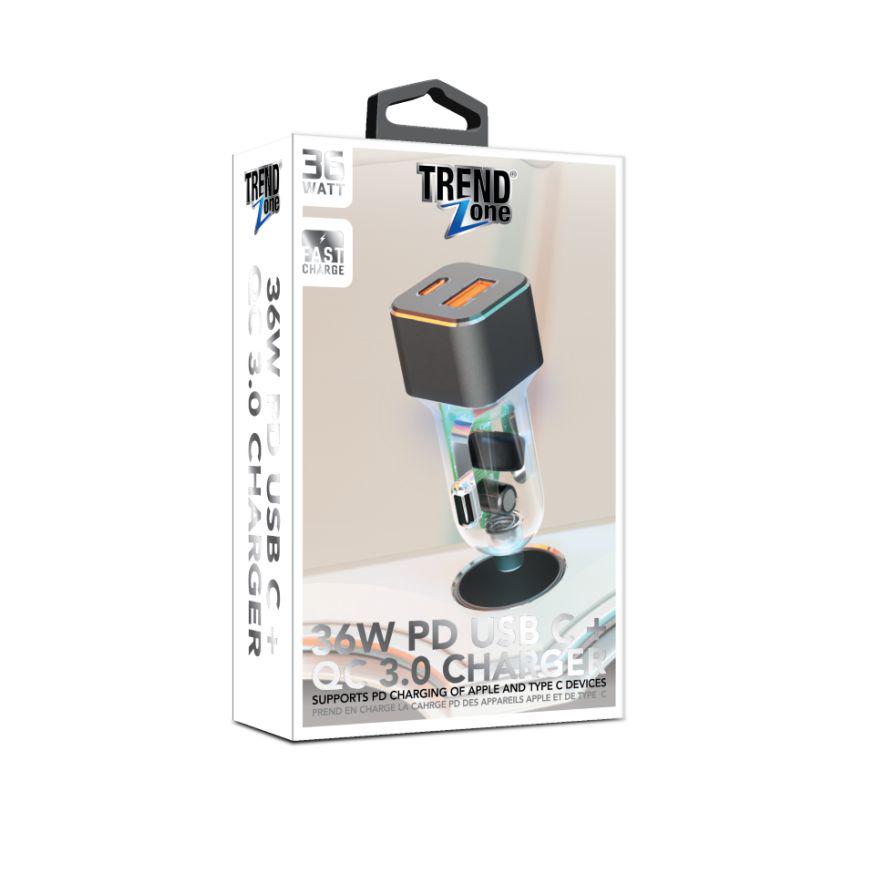 Wholesale-Trend Zone TZ1563 36W PD Transparent Car Charger (USB A + USB C)-Charger-Electro Vision Inc