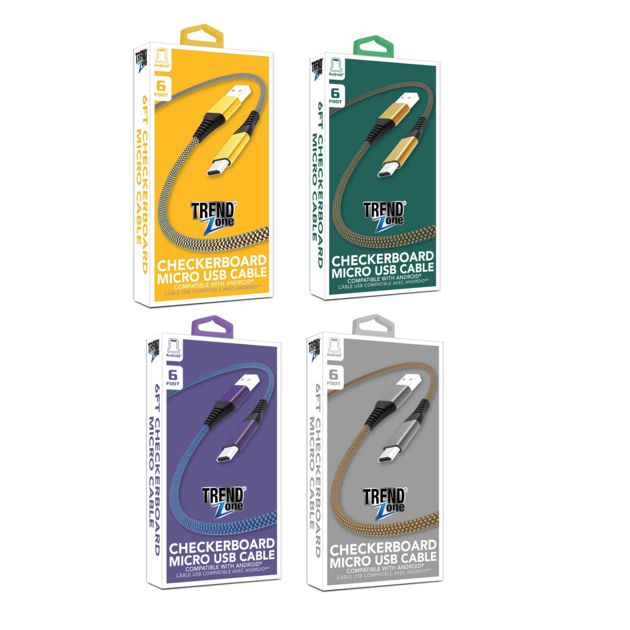 Wholesale-Trend Zone TZ599 6 Foot Checkered Fabric Micro Cable Assorted Colors-Charger-Electro Vision Inc