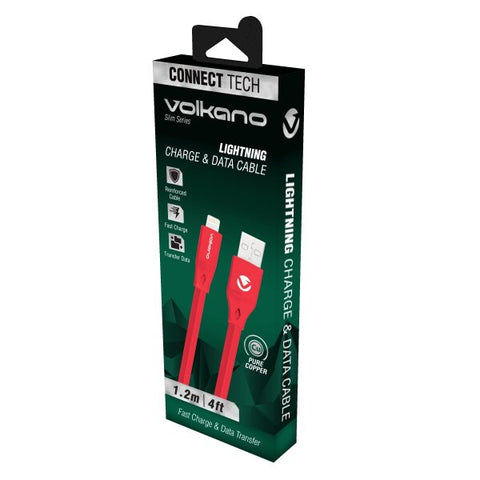 Wholesale-Volkano 20084-RD Slim Series Flat PVC Lightning Cable 1.2m - Red-Electro Vision Inc