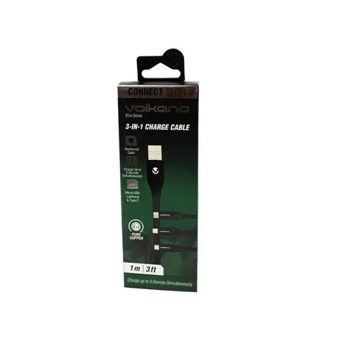 Wholesale-Volkano 20086-BK Slim Series Flat PVC 3 in 1 (Type-C / Lightning / Micro) Cable 1m - Black-Electro Vision Inc