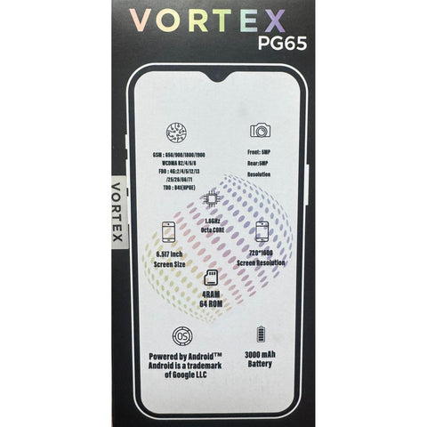 Wholesale-Vortex PG65 Cell Phone 4GB RAM 64GB ROM 6.5" Android - Dual 5MP Camera, Octa-Core Processor-Electro Vision Inc