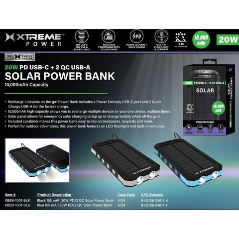 Wholesale-Xtreme XBB8-1031-BLK Battery Bank 10,000 mAh PD USB-C + QC USB-A 20W Solar Power Bank-Battery Bank-Electro Vision Inc