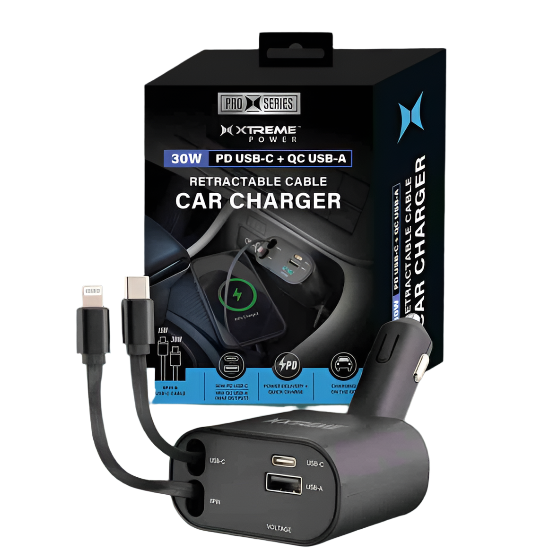 Wholesale-Xtreme XCC81032BLK Power 30W PD USB-C + QC USB-A Retractable Cable Car Charger-Car charger-Electro Vision Inc