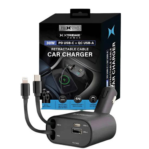 Wholesale-Xtreme XCC81032BLK Power 30W PD USB-C + QC USB-A Retractable Cable Car Charger-Car charger-Electro Vision Inc