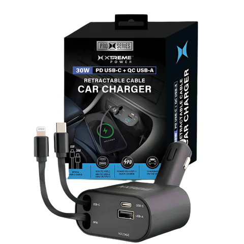 Wholesale-Xtreme XCC81032BLK Power 30W PD USB-C + QC USB-A Retractable Cable Car Charger-Electro Vision Inc
