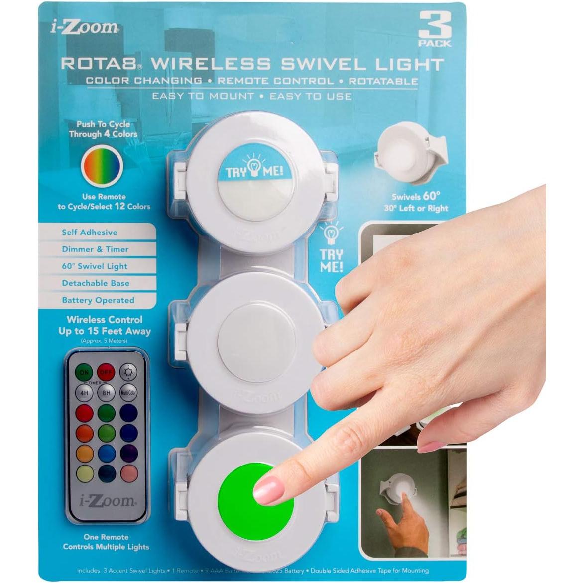 Wholesale-i-Zoom FL2231012 ROTA8 Wireless Swivel Light – 3-Pack, Color Changing, Remote Controlled-Electro Vision Inc