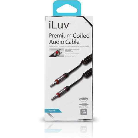 Wholesale-iLuv ICB117BLK Premium Coiled Aux-in Audio Cable - 6ft BLK-Aux-in Audio cable-Electro Vision Inc