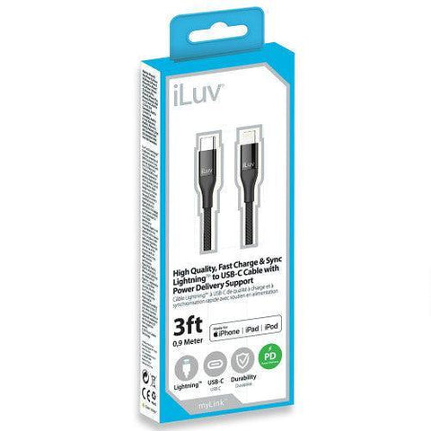 Wholesale-iLuv ICB274BK Premium MFI ligtning to USB C cable-3ft Black-Electro Vision Inc