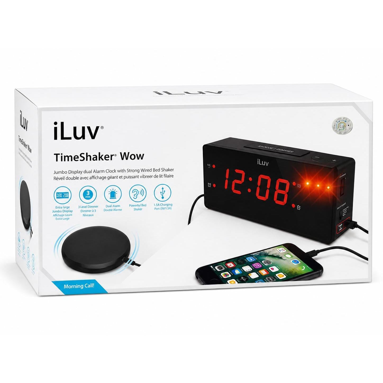 Wholesale-iLuv TSBOOMWULBK Dual Alarm Clock with 1.4" Jumbo Display Bed Shaker-Alarm Clock-Electro Vision Inc