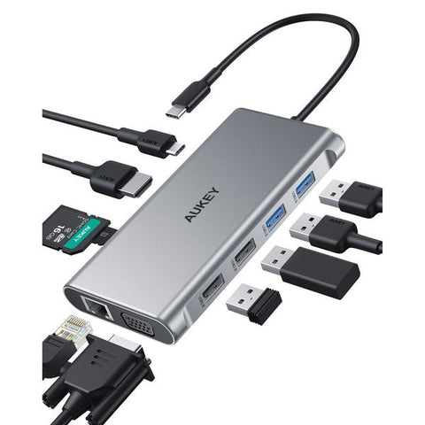 Wholesale-Aukey CBC89 10 in 1 USB C Hub with 4K HDMI & VGA Silver USB-C Hub-Computer Parts-Electro Vision Inc
