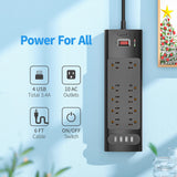Wholesale-Bototek Surge Protector Power Strip 10 AC Outlets + 4 USB Ports - ETL - Black-Power Outlets & Sockets-Electro Vision Inc