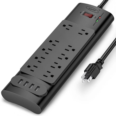 Wholesale-Bototek Surge Protector Power Strip 10 AC Outlets + 4 USB Ports - ETL - Black-Power Outlets & Sockets-Electro Vision Inc