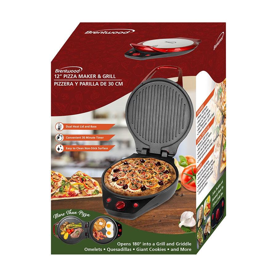 Wholesale-Brentwood TS-124R 12-Inch Non-Stick Pizza Maker and Grill with Timer, Red-Pizza Maker and Grill-Electro Vision Inc