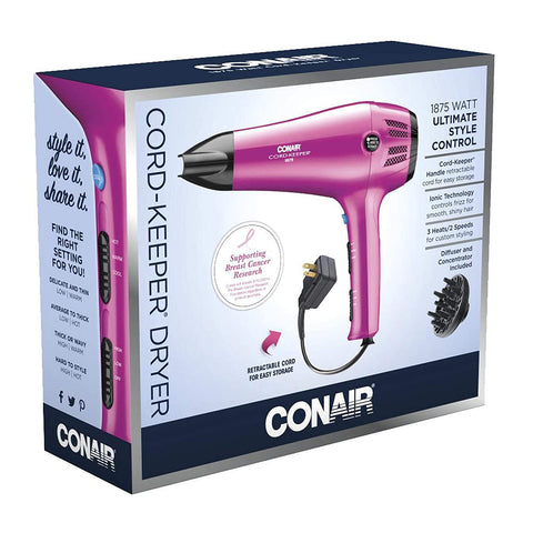 Wholesale-Conair 209TPN 1875 Watt Cord-Keeper Hair Dryer with Diffuser & Concentrator-Hair Dryers-Electro Vision Inc