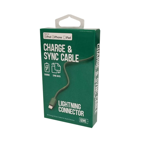 Wholesale-GEMS IphoneCable - Charge & Sync Lightning Cable 3 Ft (Emerald) MFI Cerfitied Apple Charger-Power Adapter & Charger Accessories-Electro Vision Inc
