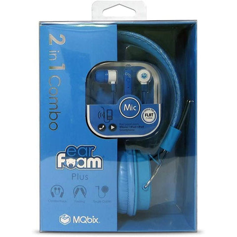 Wholesale-MQbix MQHT470BLU 2-In-1 Combo Pack EarFoam Plus High Performance In-Ear Earphones with Built-In Mic and Deep Bass Stereo Headphones, Blue-Headphones-Electro Vision Inc