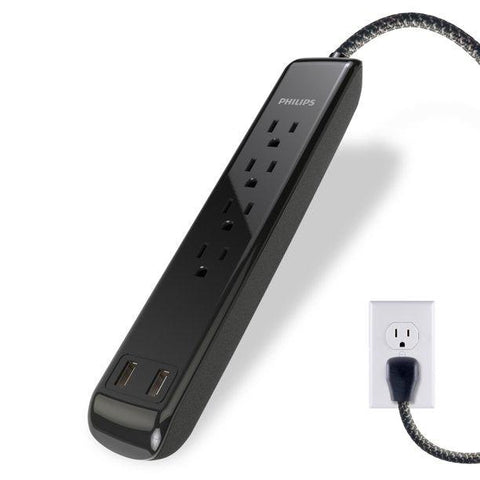 Wholesale-Philips SPC6244BCT1/37 4 Outlet Power Strip Surge Protector - Black-Surge Protection Devices-Electro Vision Inc