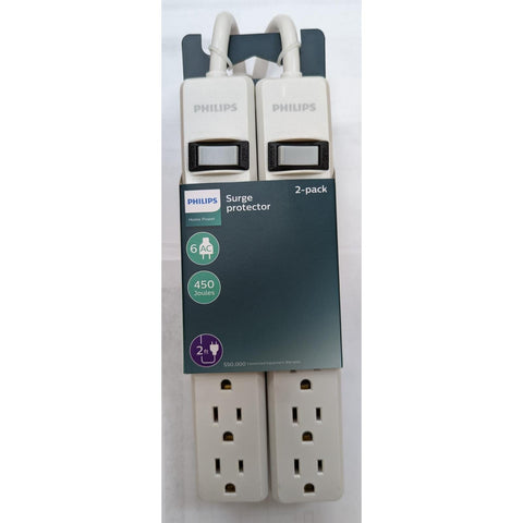 Wholesale-Philips SPP3062WP/37 6 Outlet Surge Protector 2' White - 2 Pack 450J-Power Outlet-Electro Vision Inc