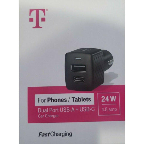 Wholesale-T-Mobile 24-Watt/4.8-Amp Fast Charge USB and USB-C Dual Port Car Charger - Black-Car Accessories-Electro Vision Inc
