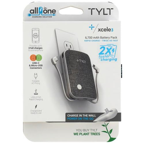 Wholesale-Tylt CXL3FBT XCELE3 WALL CHARGER & POWER BANK USB-C & MICRO-USB ARMS 6,700 MAh-Power Bank-Electro Vision Inc
