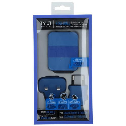 Wholesale-Tylt USBTC42BLEUK International Wall Charger 2 USB-A Ports Blue 4.8 AMP-Charger-Electro Vision Inc