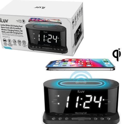 Wholesale-iLuv MORCAL5QULBK Dual Alarm Clock Radio With Qi Black-Boombox Radio Alarm-Electro Vision Inc